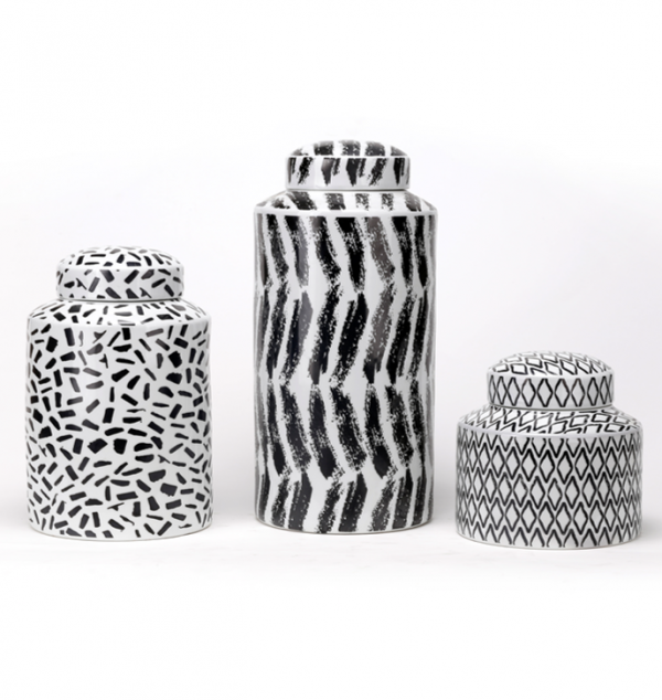 Porcelain Black and White Brushstroke Tea Jars Set 3